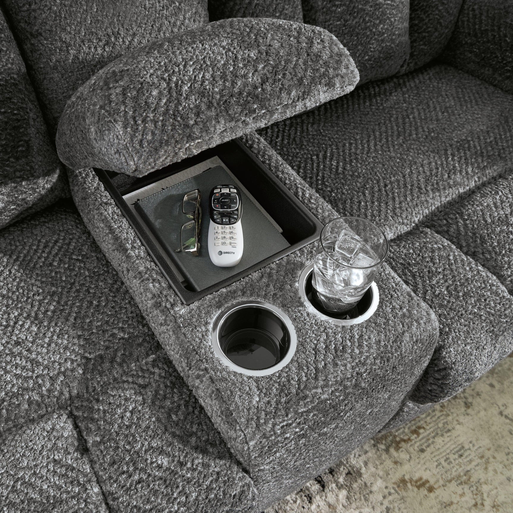 Frohn Graphite Chenille Reclining Loveseat with Console