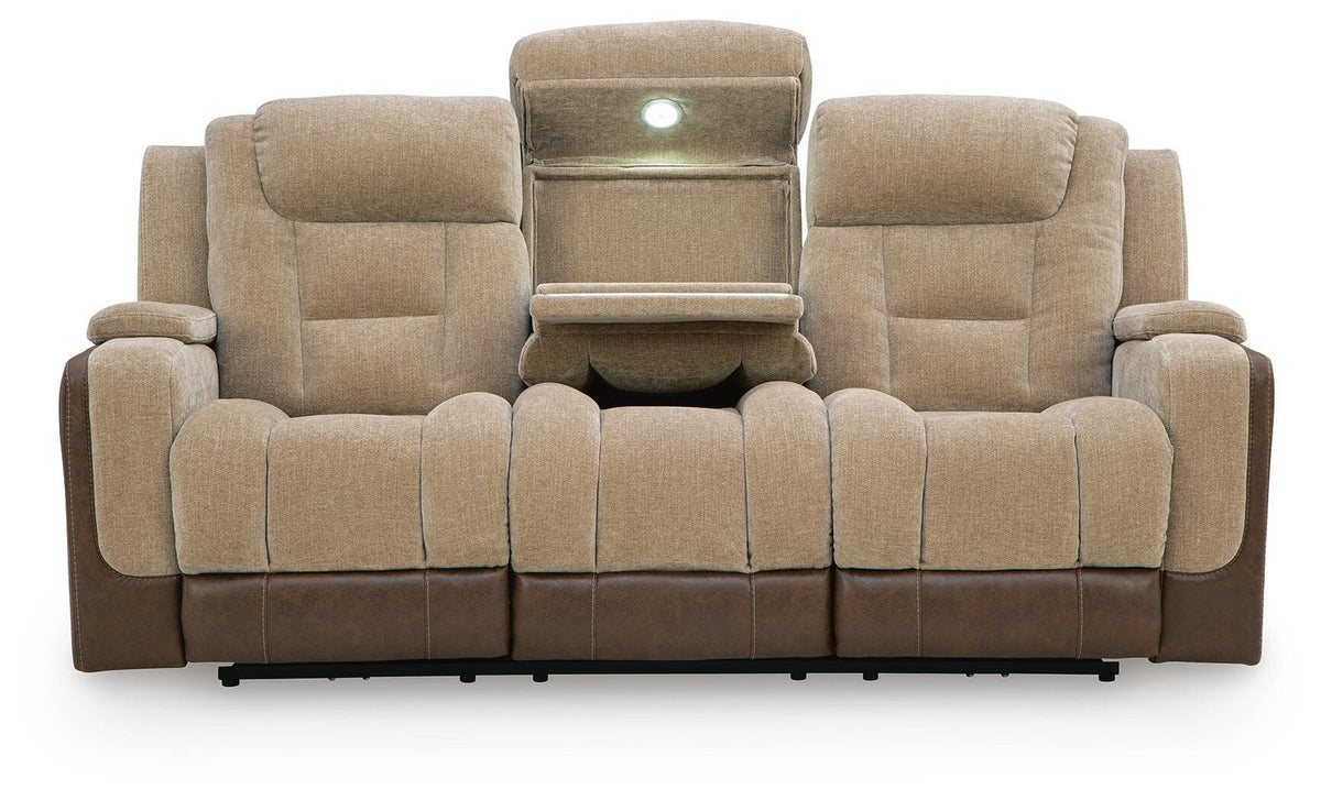 Mixed Motion Brownstone Chenille / Faux Leather Power Reclining Sofa — front view