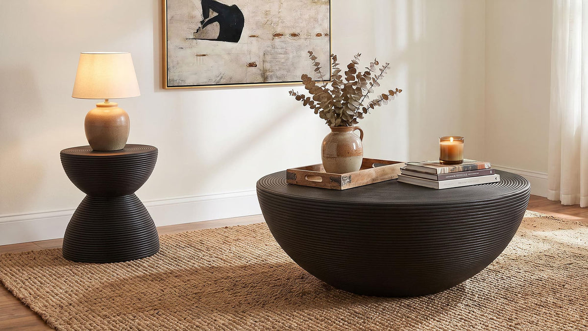 Macedo Round Ribbed Rattan Drum Coffee Table Black — product image 5