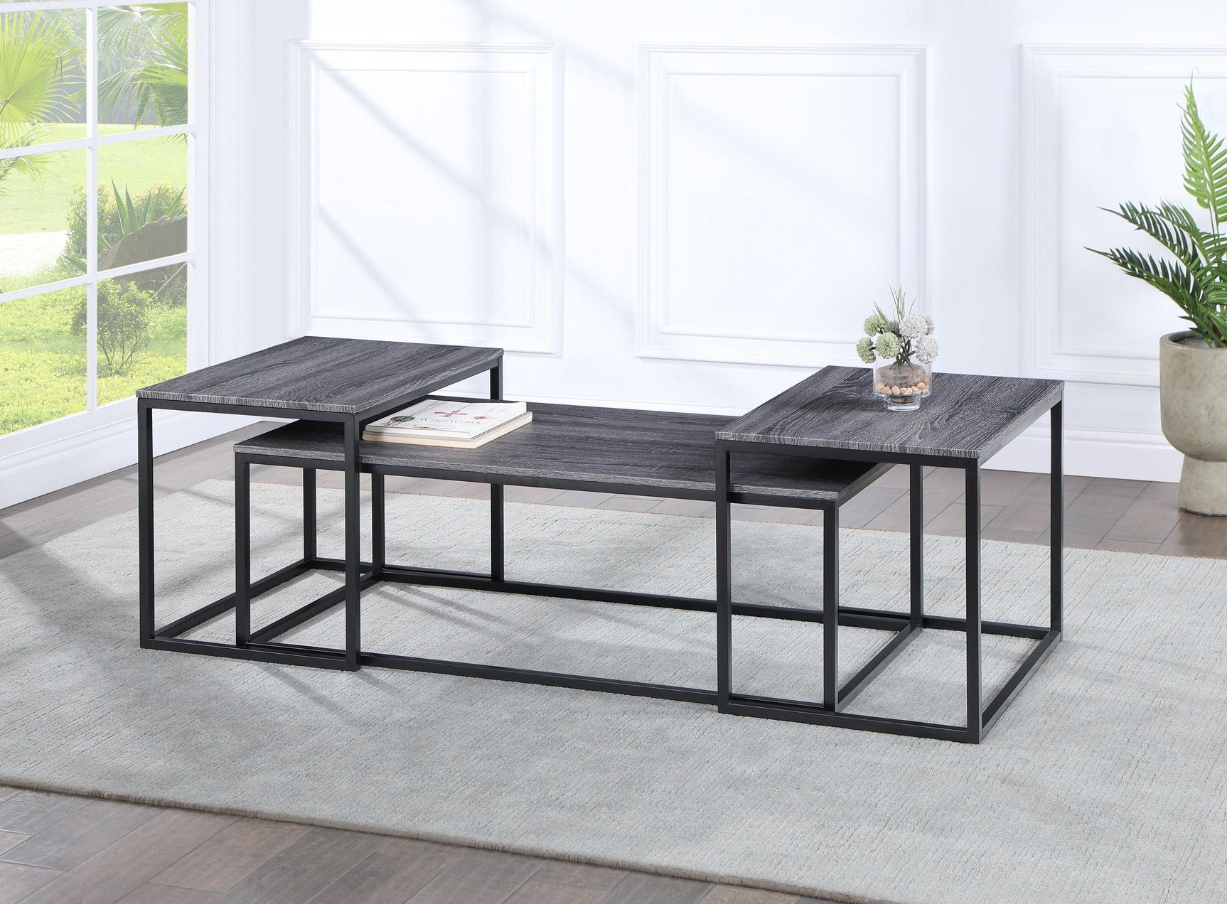 Adola Gray Modern Contemporary Solid Wood And Veneers, Metal 3-Pk Nesting Coffee Table - Ella Furniture