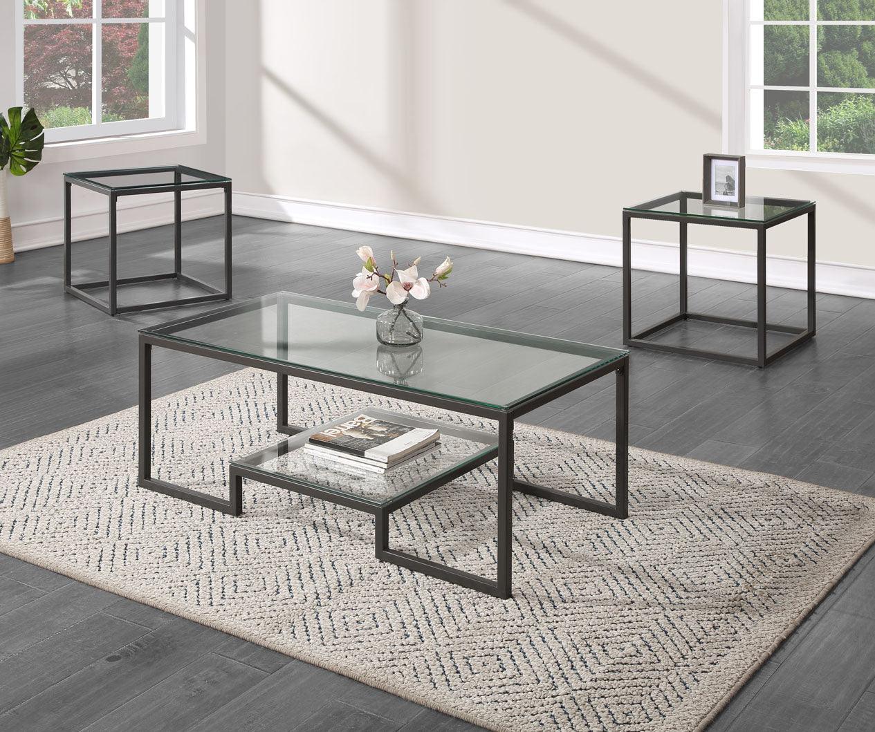 Carter Gray Clear Glass 3-Piece Coffee Table Set - Ella Furniture