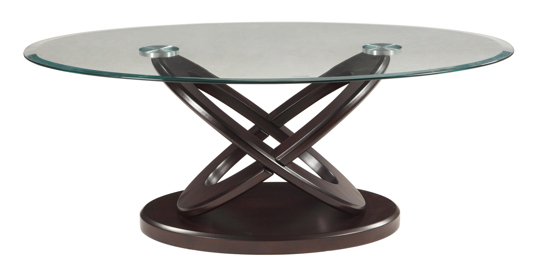 Cyclone Atomic Espresso And Glass End Oval Coffee Table - Ella Furniture