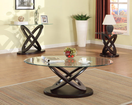 Cyclone Atomic Espresso And Glass End Oval Coffee Table - Ella Furniture
