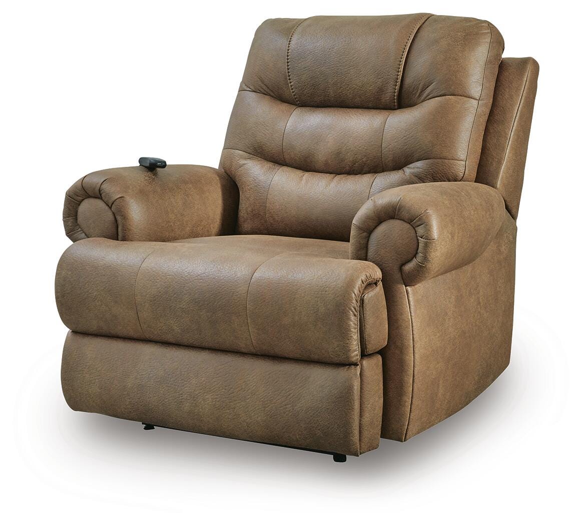 Revived and Restored Earth Faux Leather Power Lift Recliner — angled view