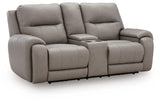 Real Moments Ash Leather Power Reclining Loveseat with Audio Seating — angled view