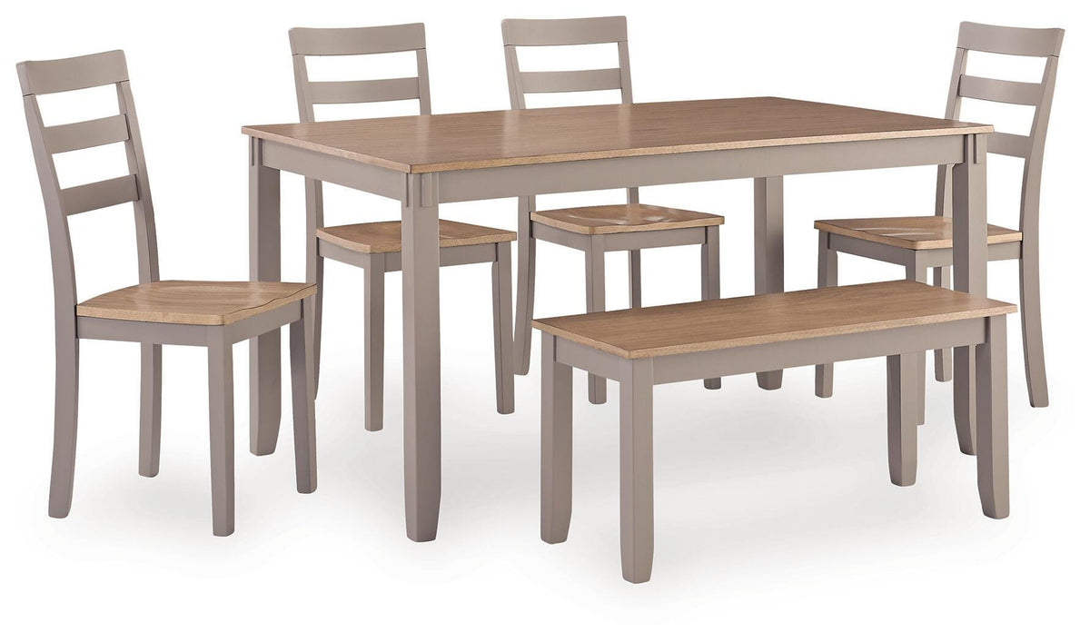 Harperfeld Natural/Gray Dining Table and 4 Chairs and Bench (Set of 6) — angled view