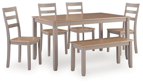 Harperfeld Natural/Gray Dining Table and 4 Chairs and Bench (Set of 6) — angled view