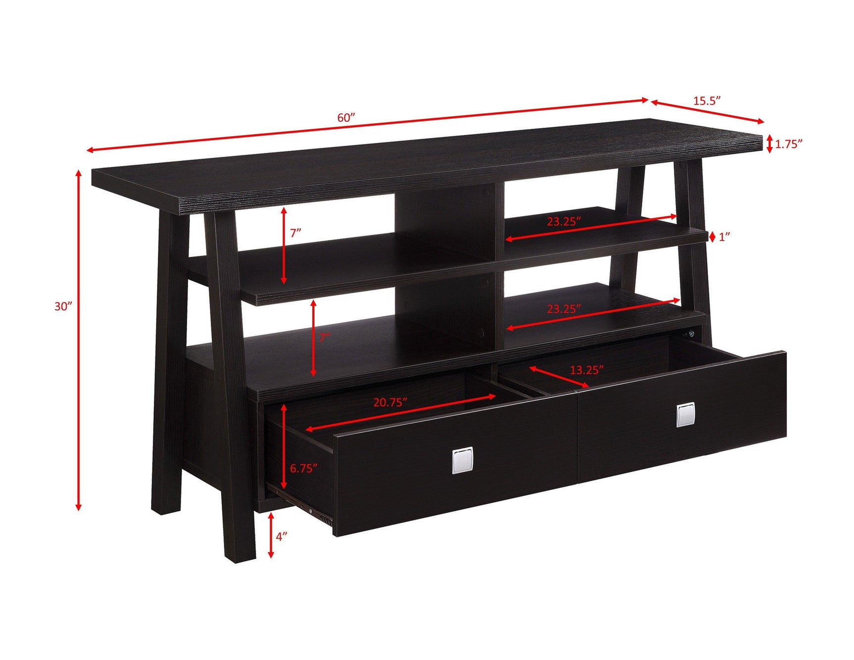 Jarvis Sleek And Modern Dark Brown Tv Stand Assembled Drawers, Media Consoles, Entertainment Cabinets, Angled Legs And Metal Drawer with Storage Doors for Living Room - Ella Furniture