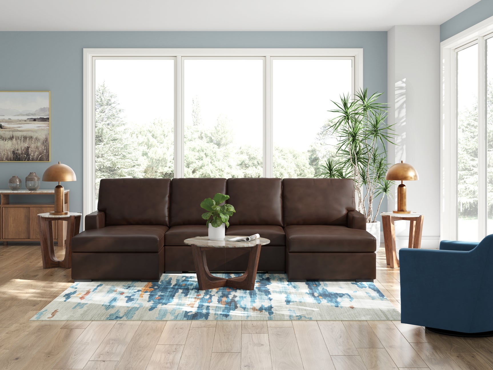 McDowlan Coffee Leather 3-Piece Sectional with Double Chaise