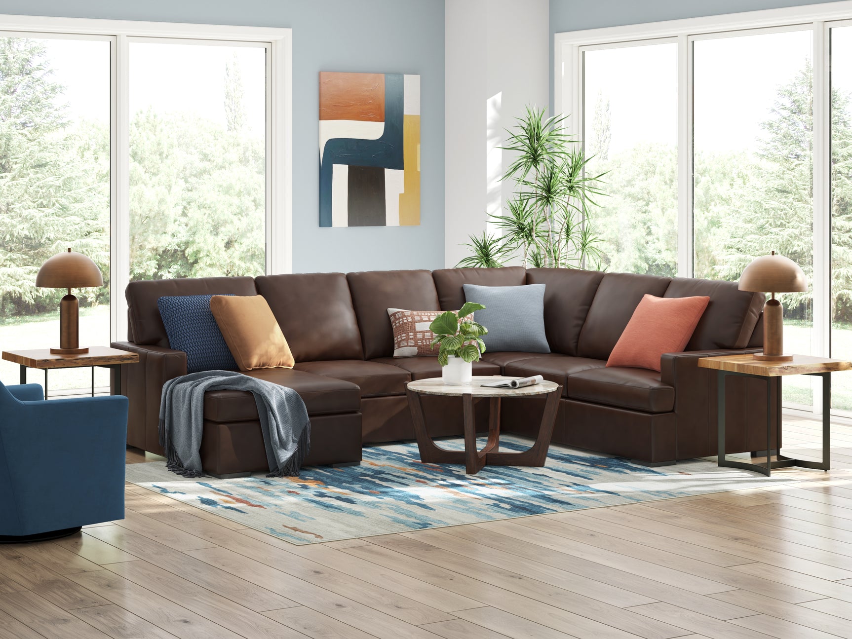 McDowlan Coffee Leather 3-Piece Sectional with Chaise