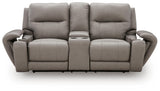 Real Moments Ash Leather Power Reclining Loveseat with Audio Seating — front view