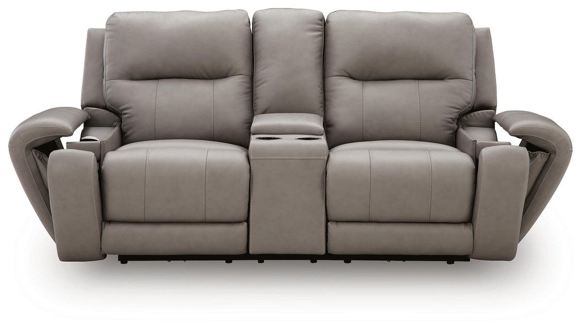 Real Moments Ash Leather Power Reclining Loveseat with Audio Seating — front view