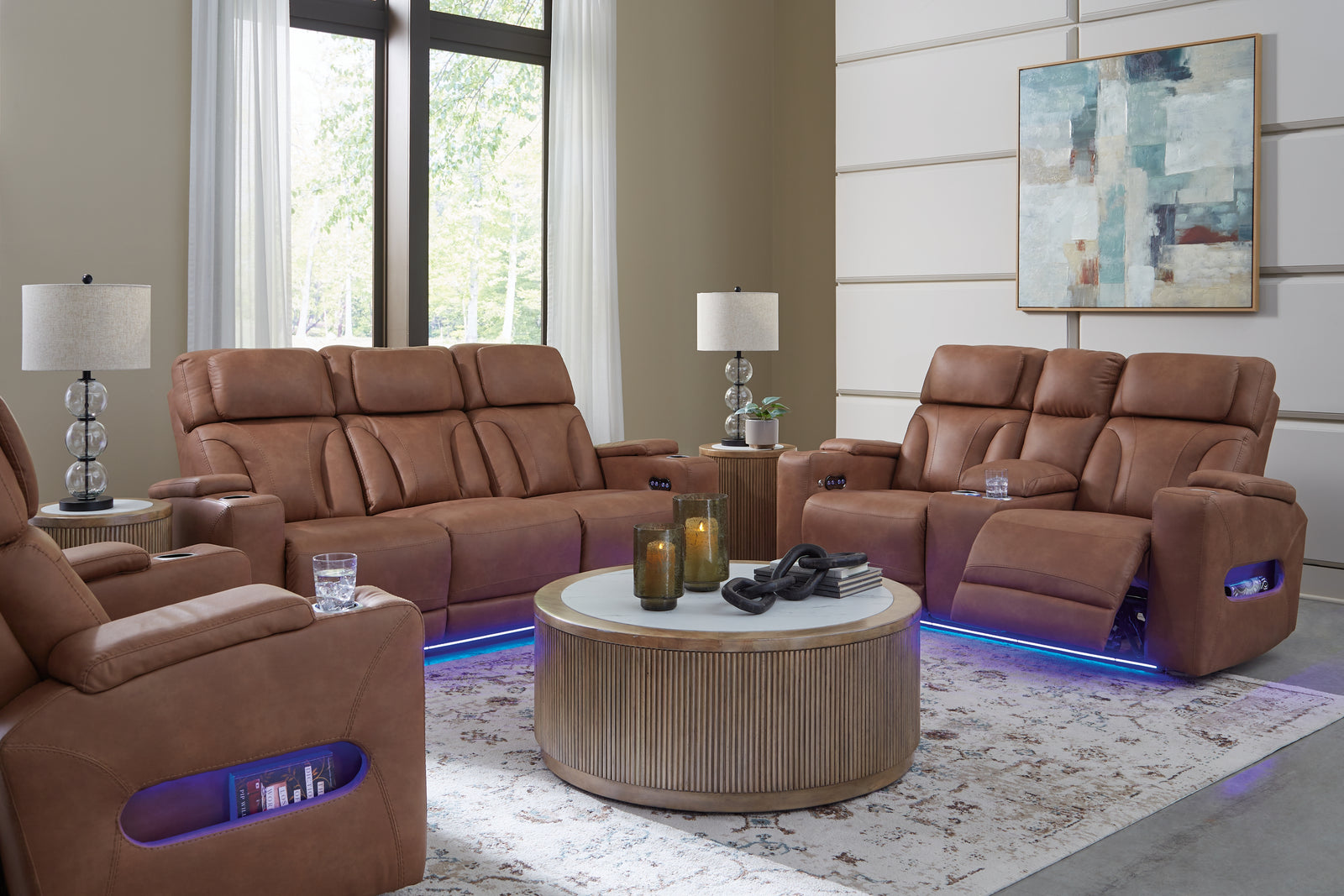 Clean-Slate Caramel Sofa, Loveseat and Recliner
