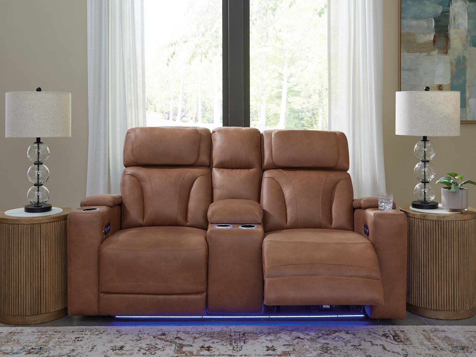 Clean-Slate Caramel Faux Leather Power Reclining Loveseat with Console