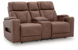 Clean-Slate Caramel Faux Leather Power Reclining Loveseat with Console