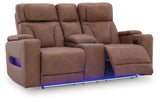 Clean-Slate Caramel Faux Leather Power Reclining Loveseat with Console