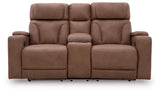 Clean-Slate Caramel Faux Leather Power Reclining Loveseat with Console