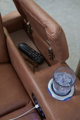 Clean-Slate Caramel Faux Leather Power Reclining Loveseat with Console