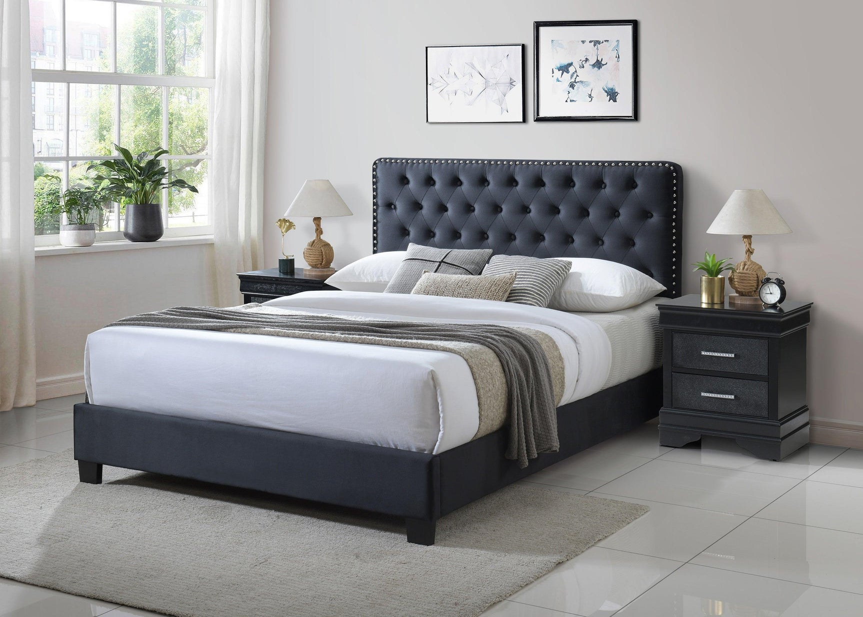 Ezra Dark Contemporary Modern Sleek Traditional Wood Tufted Fabric King Bed - Ella Furniture