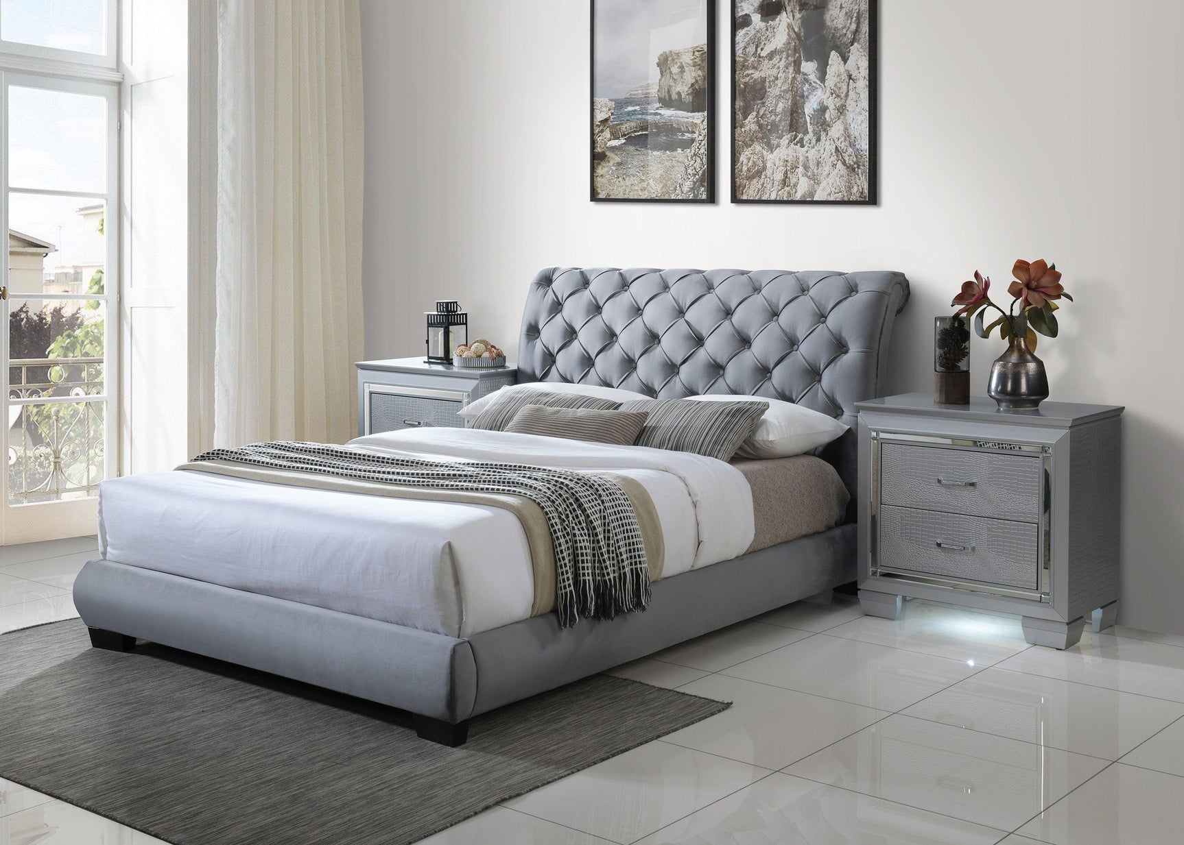 Carly Gray Modern Traditonal Fabric Upholstered Tufted King Platform Bed - Ella Furniture