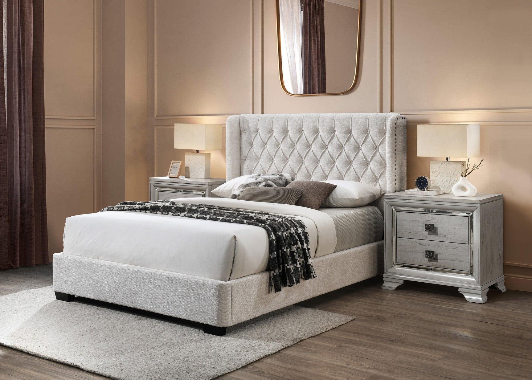 Daphne Gray Modern Contemporary Solid Wood Fabric Upholstered Tufted Panel Queen Bed - Ella Furniture
