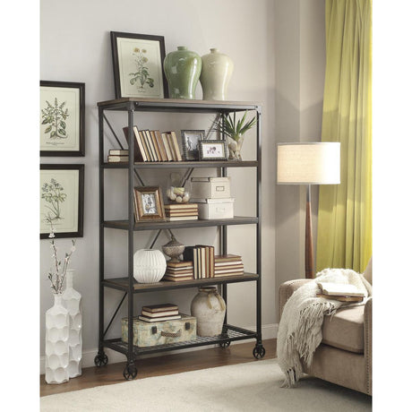 Millwood Weathered Natural And Rustic Black Metal Ash Veneers Engineered Wood And Metal Bookcase - Ella Furniture