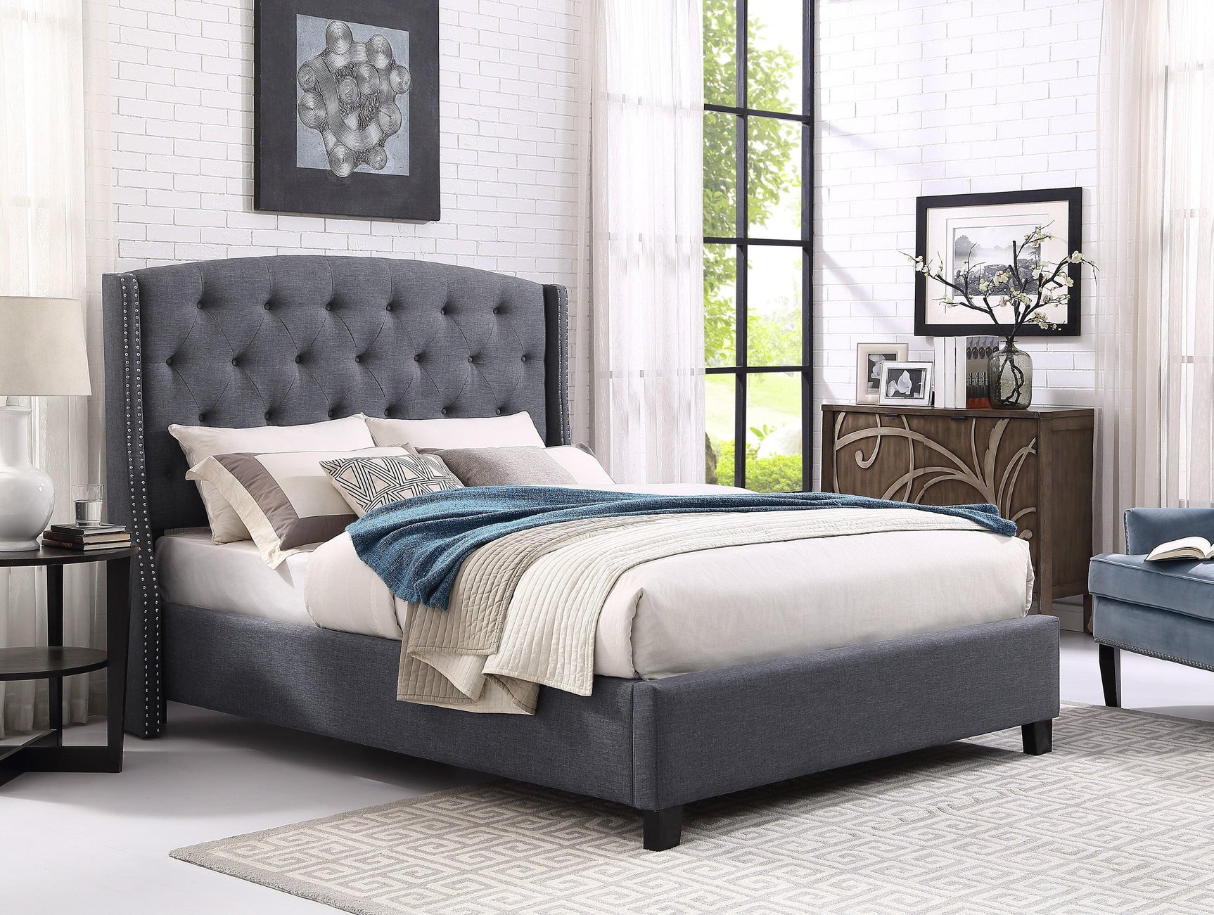 Eva Gray Velvet Contemporary King Upholstered Tufted Bed - Ella Furniture