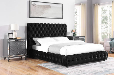 Flory Black Modern Transitional Upholstered Velvet Tufted King Platform Bed - Ella Furniture