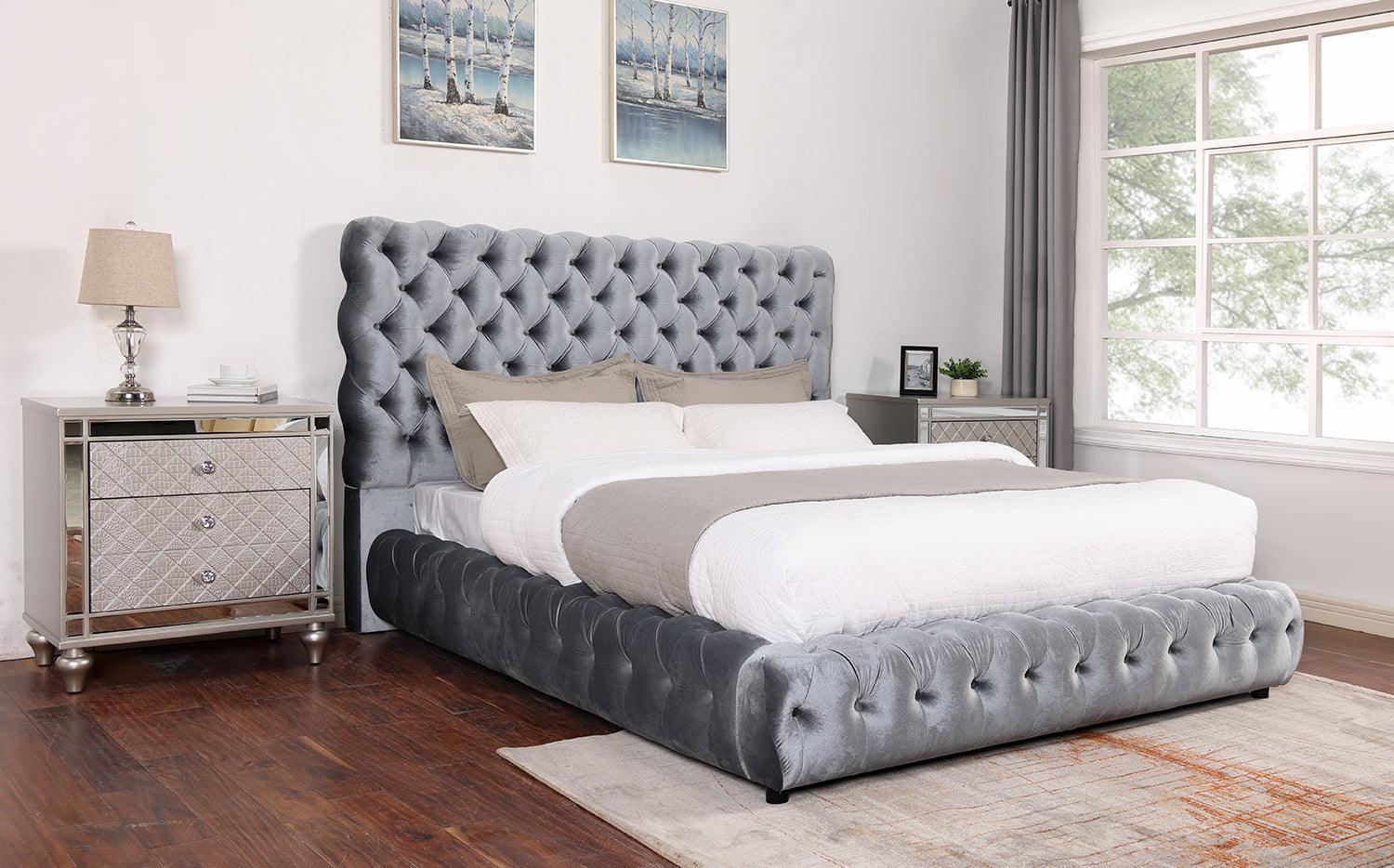 Flory Gray Modern Transitional Upholstered Velvet Tufted King Platform Bed - Ella Furniture