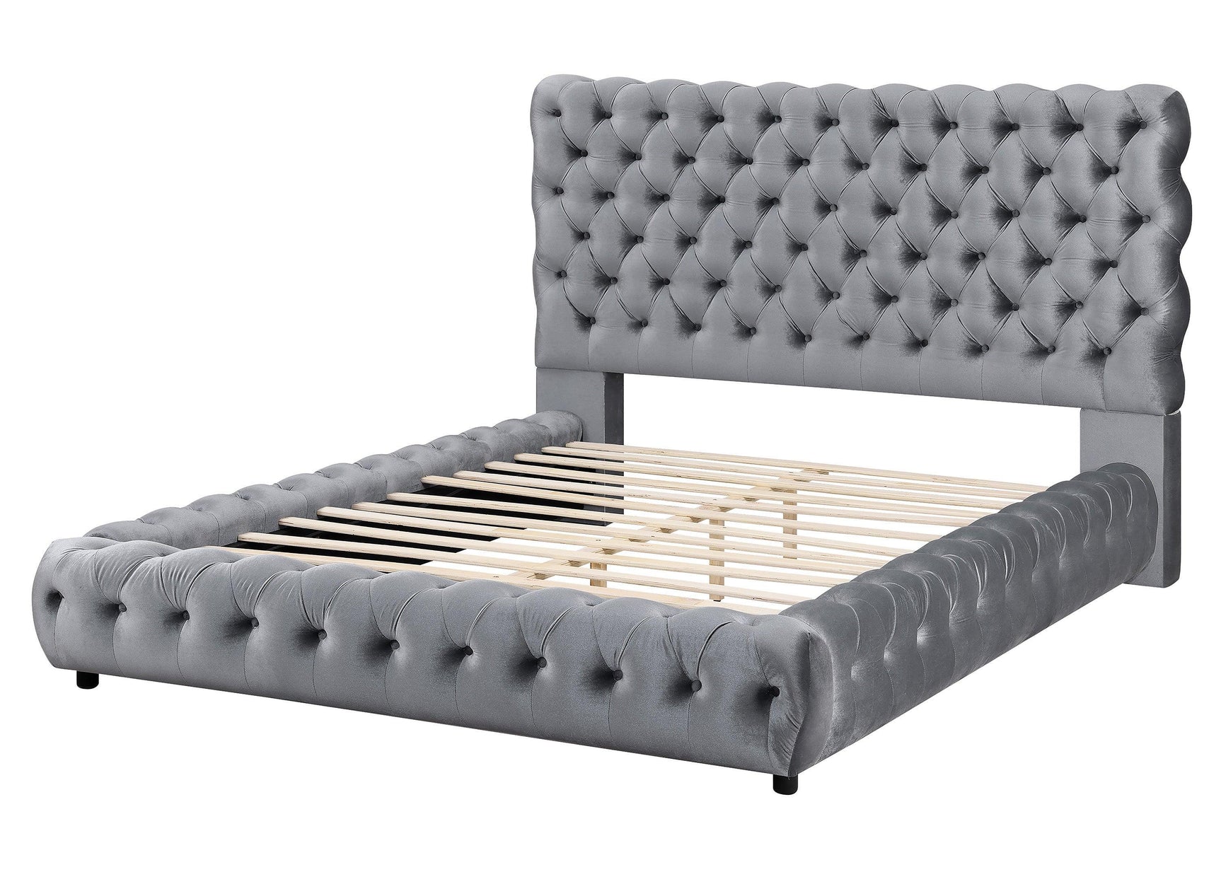 Flory Gray Modern Transitional Upholstered Velvet Tufted Queen Platform Bed - Ella Furniture