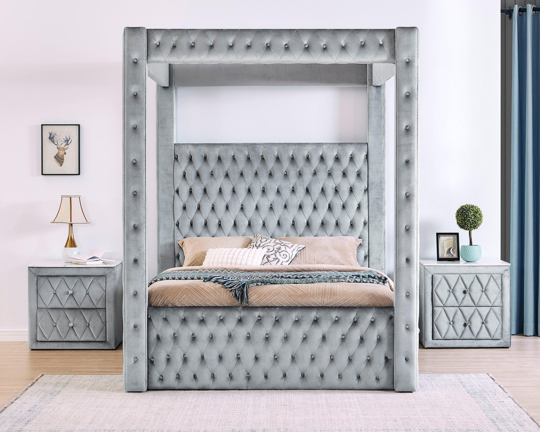 Annabelle Gray Upholstered Tufted Canopy Panel Queen Bed
