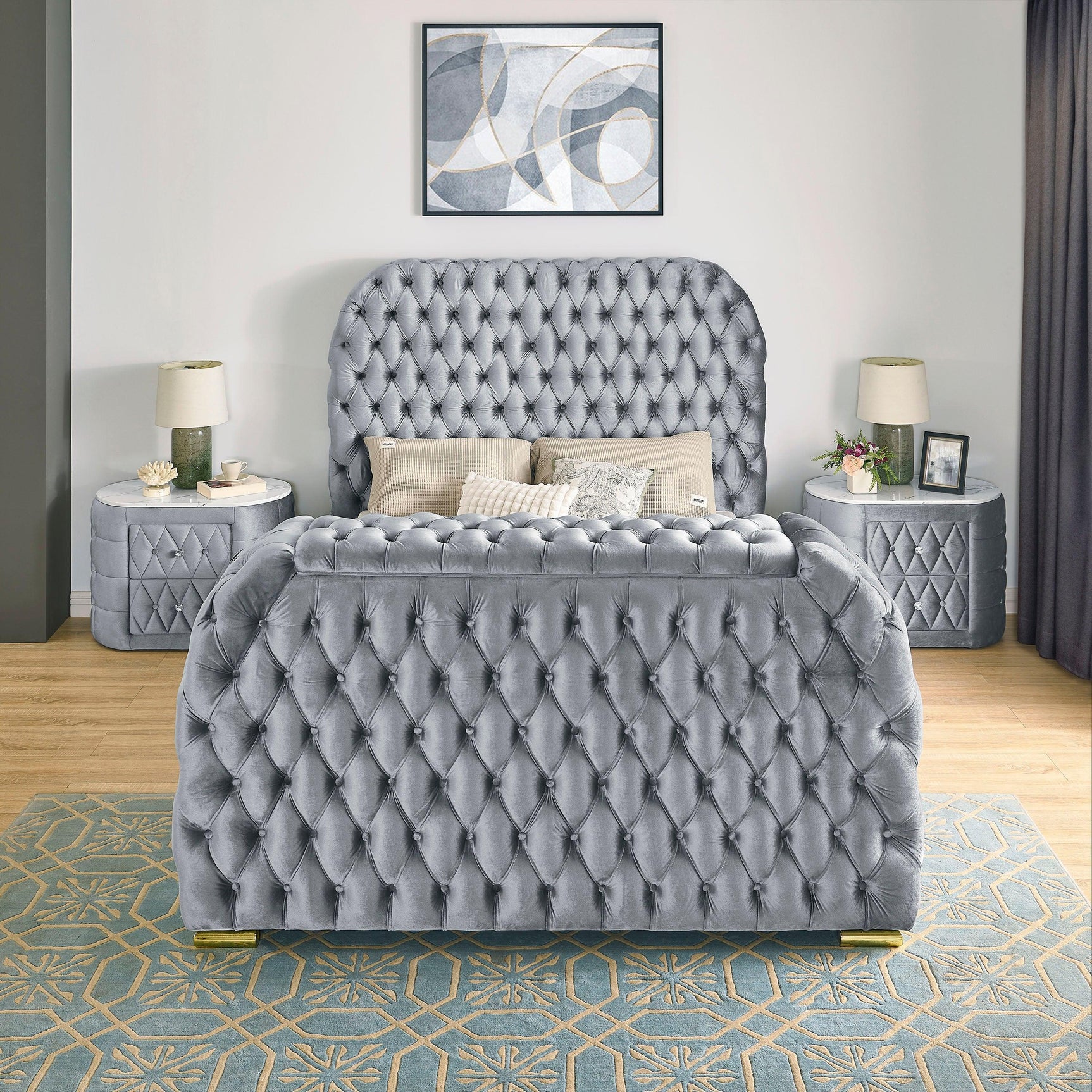 Natalia Gray Upholstered Tufted Panel King Bed