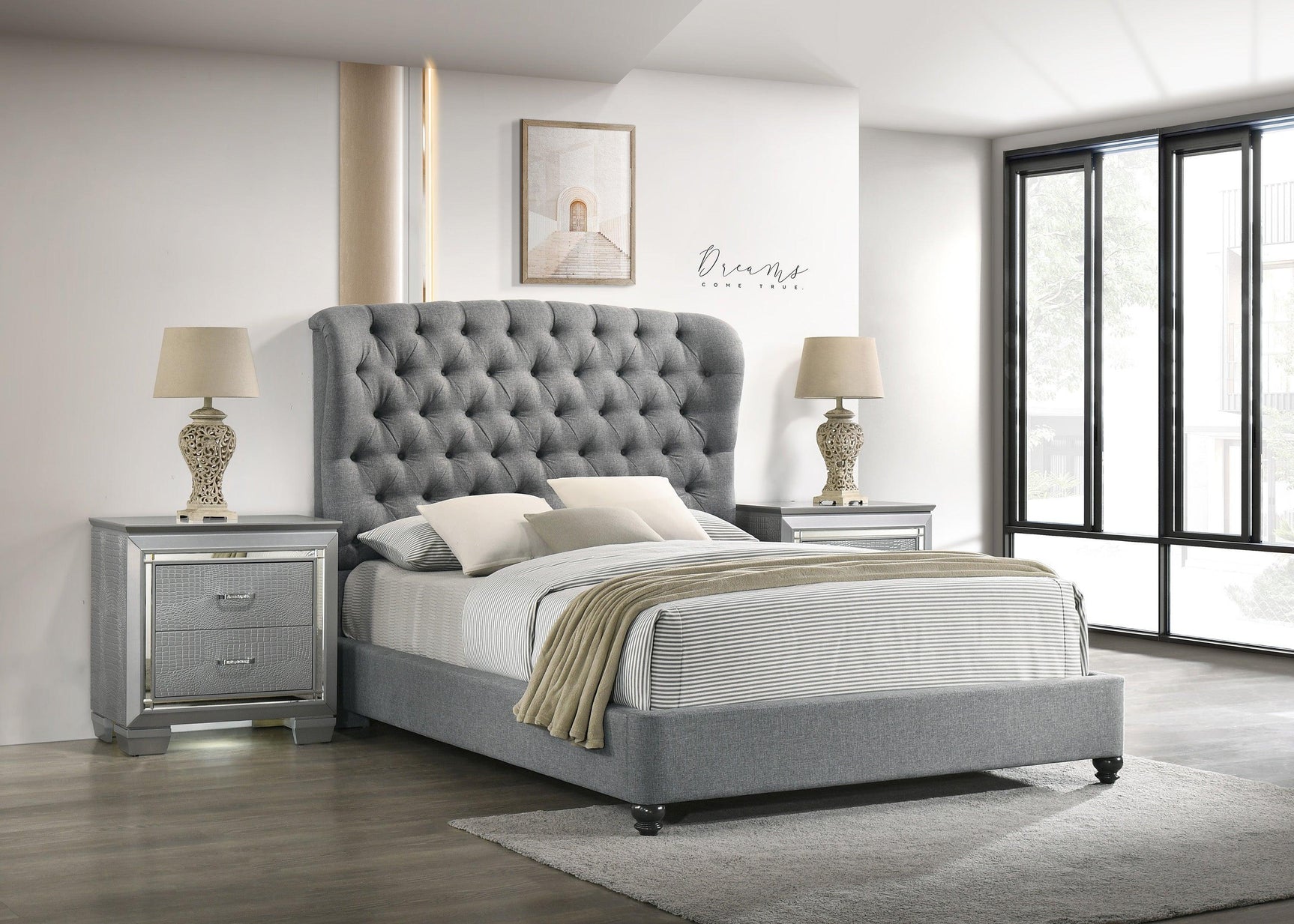 Linda Gray Modern Transitional Upholstered Tufted Fabric Queen Panel Bed - Ella Furniture