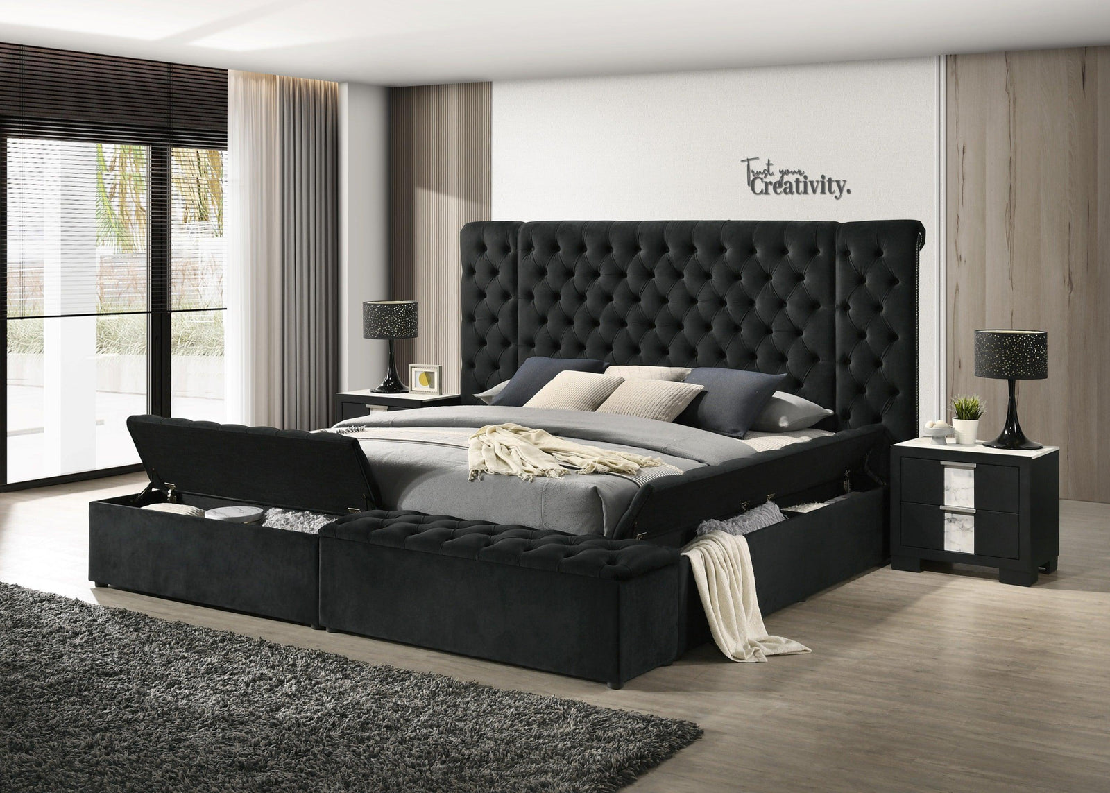 Liliana Black Upholstered Tufted Panel Queen Bed