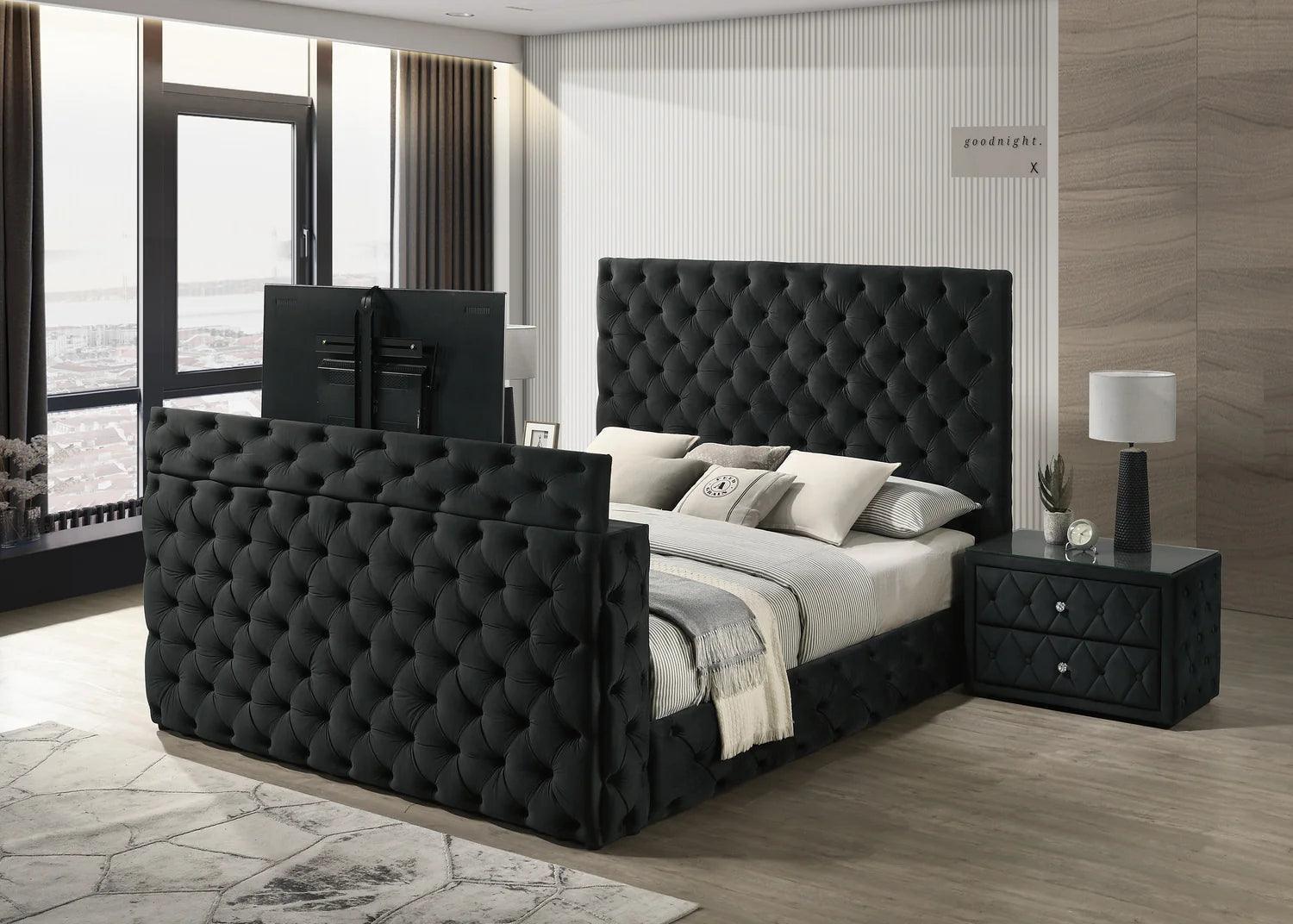 Josephine Black Upholstered Tufted w TV Lift Panel Queen Bed