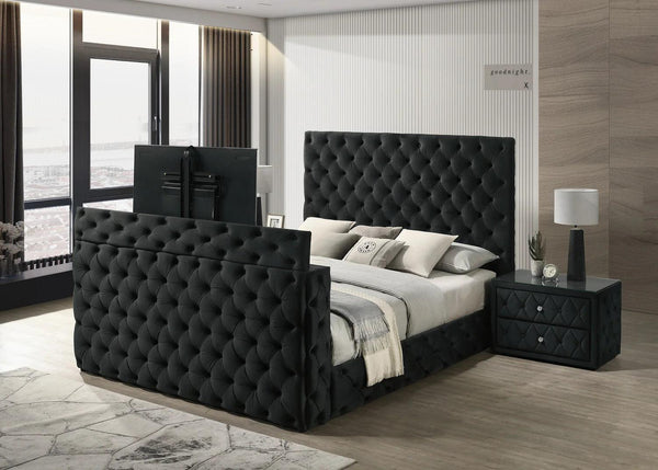 Josephine Black Upholstered Tufted w TV Lift Panel Queen Bed