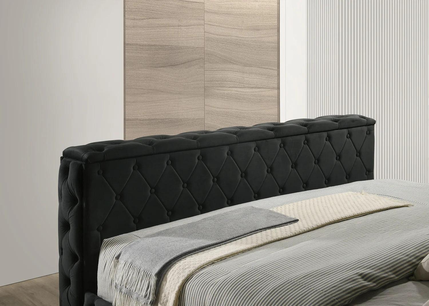 Josephine Black Upholstered Tufted w TV Lift Panel Queen Bed