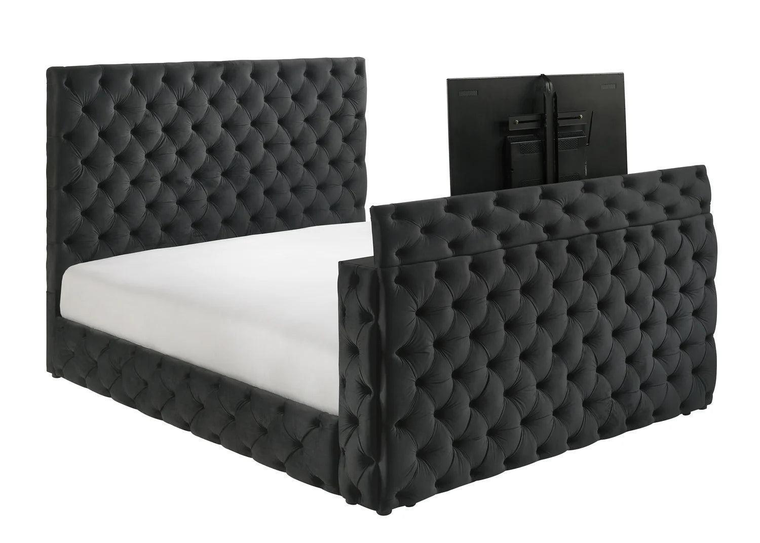Josephine Black Upholstered Tufted w TV Lift Panel Queen Bed