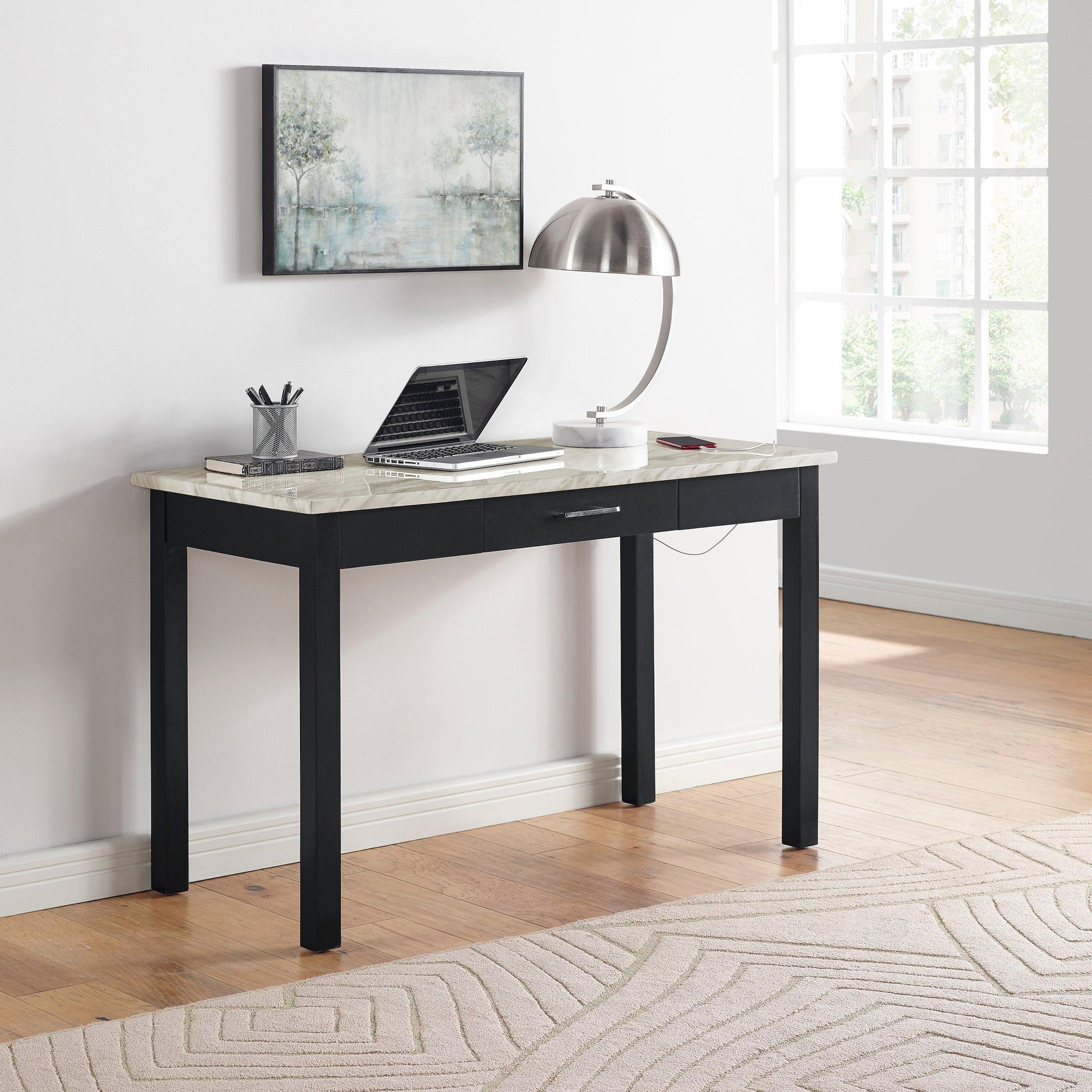 Lennon Black/White Velvet Modern Contemporary Wood And Veneers Desk & Chair Set - Ella Furniture