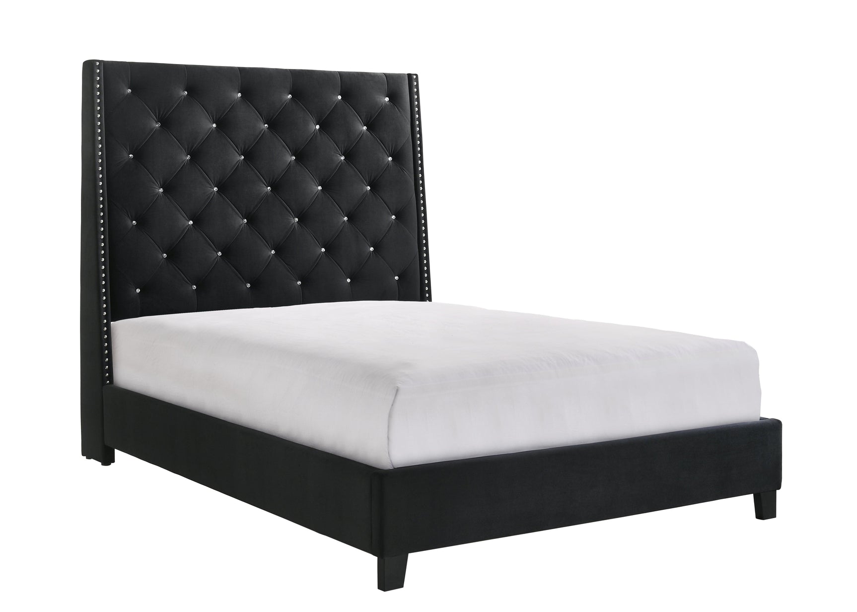 Chantilly Black Velvet Wood Queen Upholstered Tufted Bed - Ella Furniture