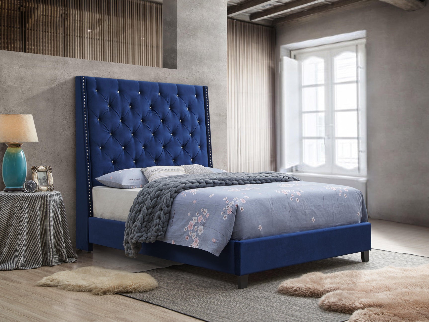 Chantilly Royal Blue Velvet Modern Wood King Upholstered Tufted Bed - Ella Furniture