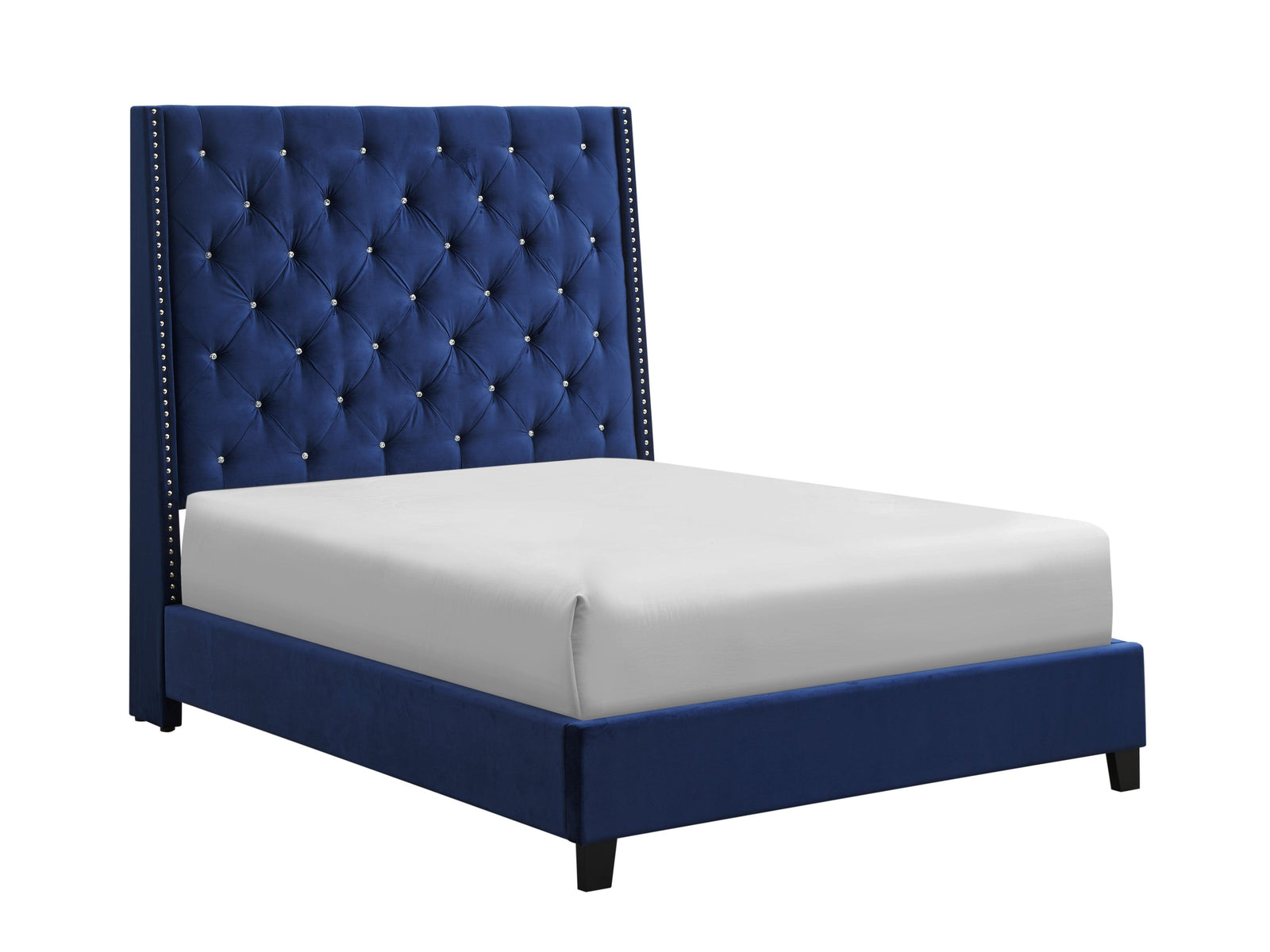 Chantilly Royal Blue Velvet Modern Wood King Upholstered Tufted Bed - Ella Furniture