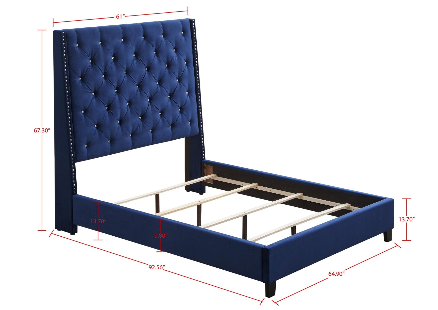 Chantilly Royal Blue Velvet Modern Wood King Upholstered Tufted Bed - Ella Furniture