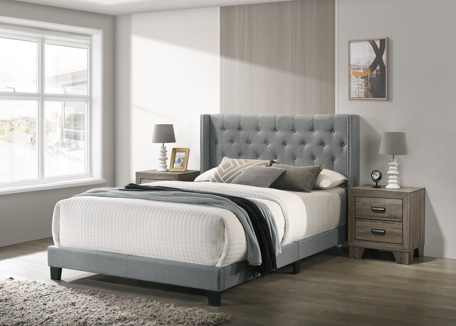 Makayla Gray Modern Traditional Upholstered Fabric Wood Tufted Full Panel Bed - Ella Furniture