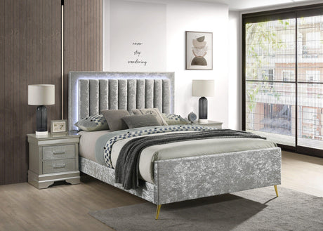 Glisten Gray Modern Contemporary Plywood Velvet Upholstered Panel LED Queen Bed - Ella Furniture