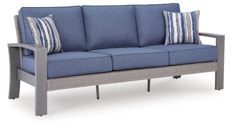 Half Blue/Gray Moon Beach Outdoor Sofa with 2 Lounge Chairs — angled view