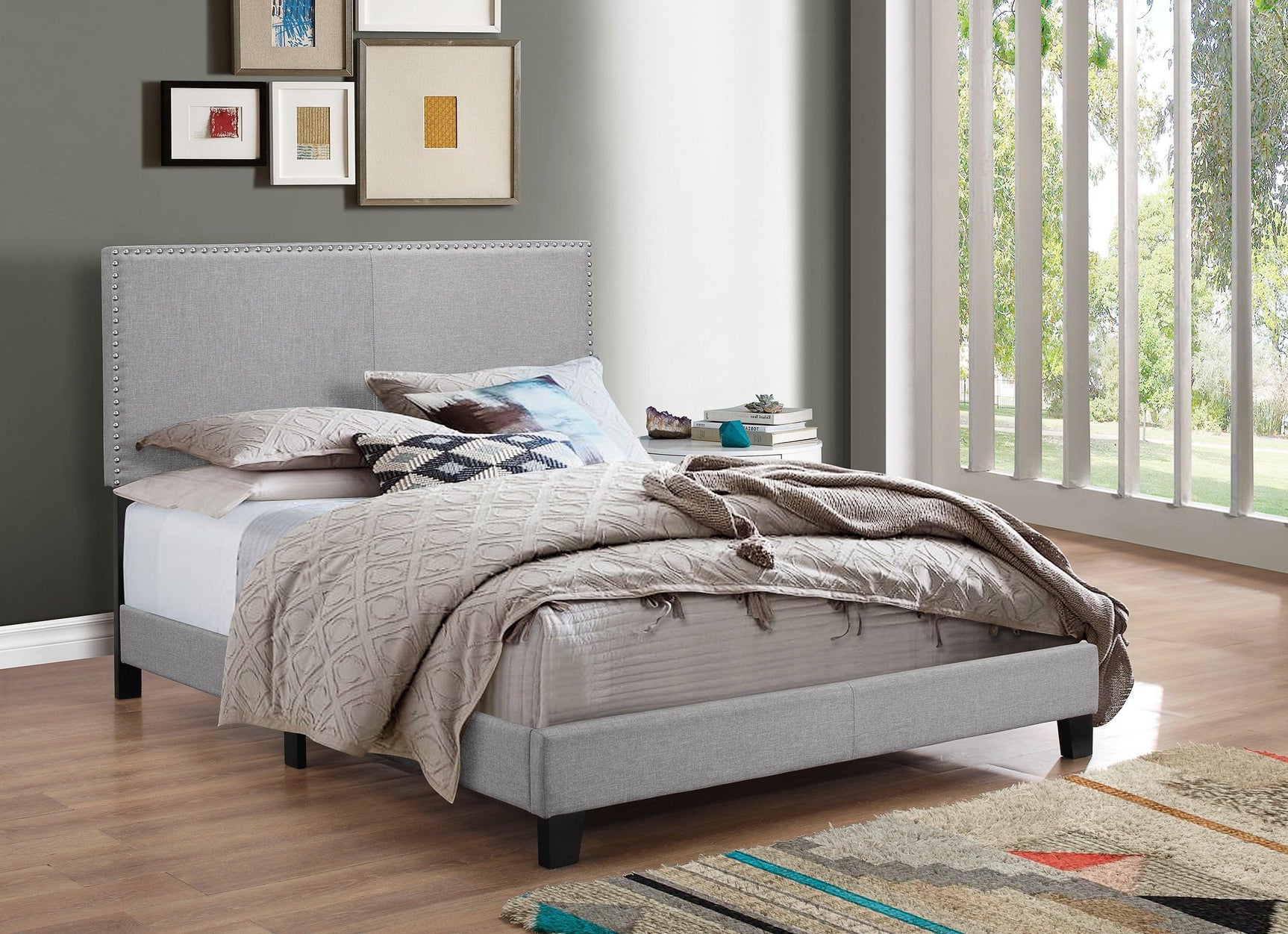 Erin Grey Modern Contemporary Plywood Fabric Upholstered Panel Complete Queen Bed - Ella Furniture