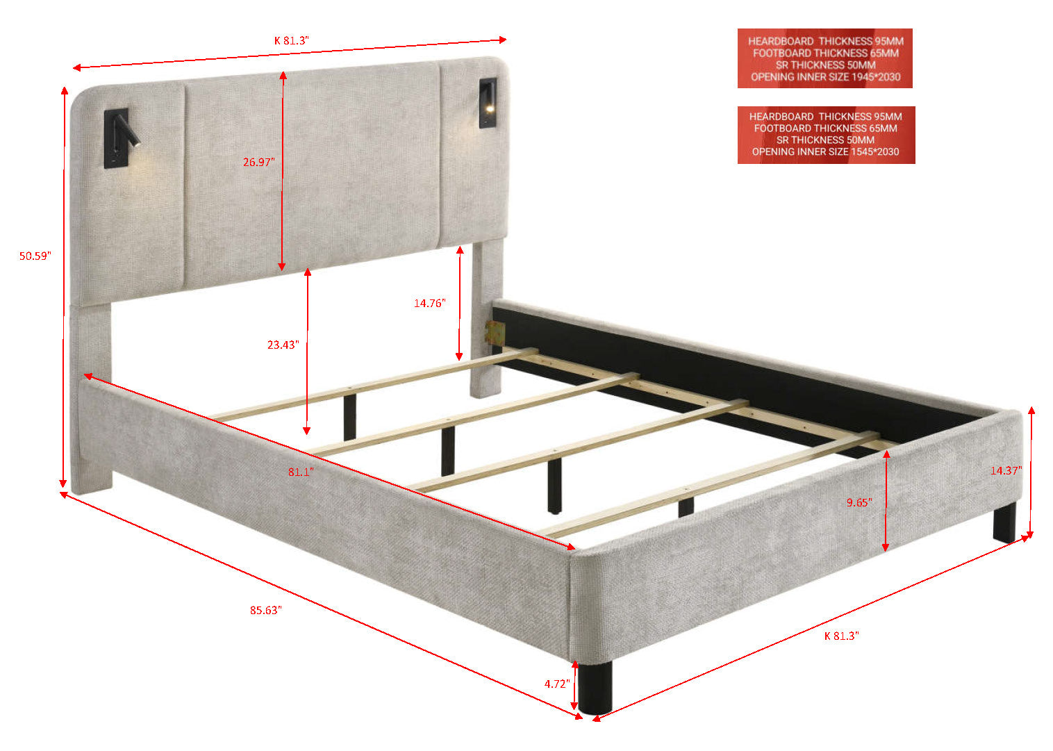 Freya Light Gray Upholstered Panel LED King Bed view 2