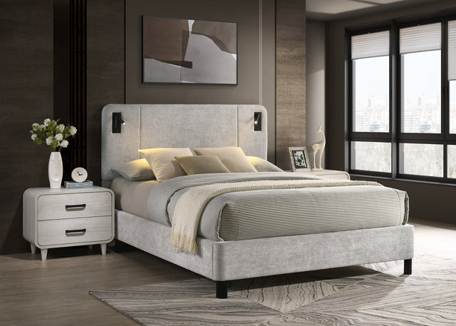 Freya Light Gray Upholstered Panel LED Queen Bed from Ella Furniture