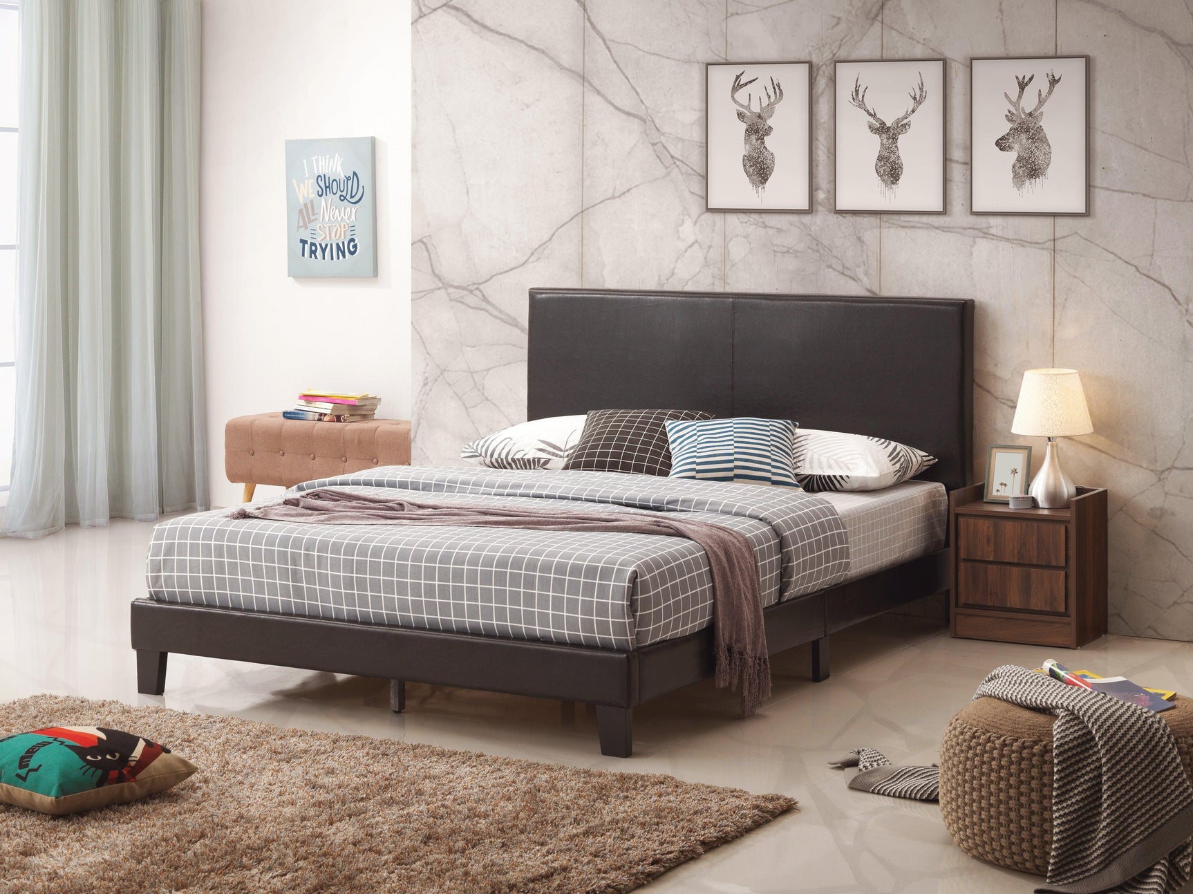 Yates Black Pu Faux Leather Modern Wood Twin Upholstered Platform Bed - Ella Furniture